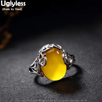 

Uglyless S 990 Fine Silver Nature Yellow Chalcedony Ring Women Luxury Dress Finger Rings Retro Hollow Fish Jewelry Ethnic Bijoux