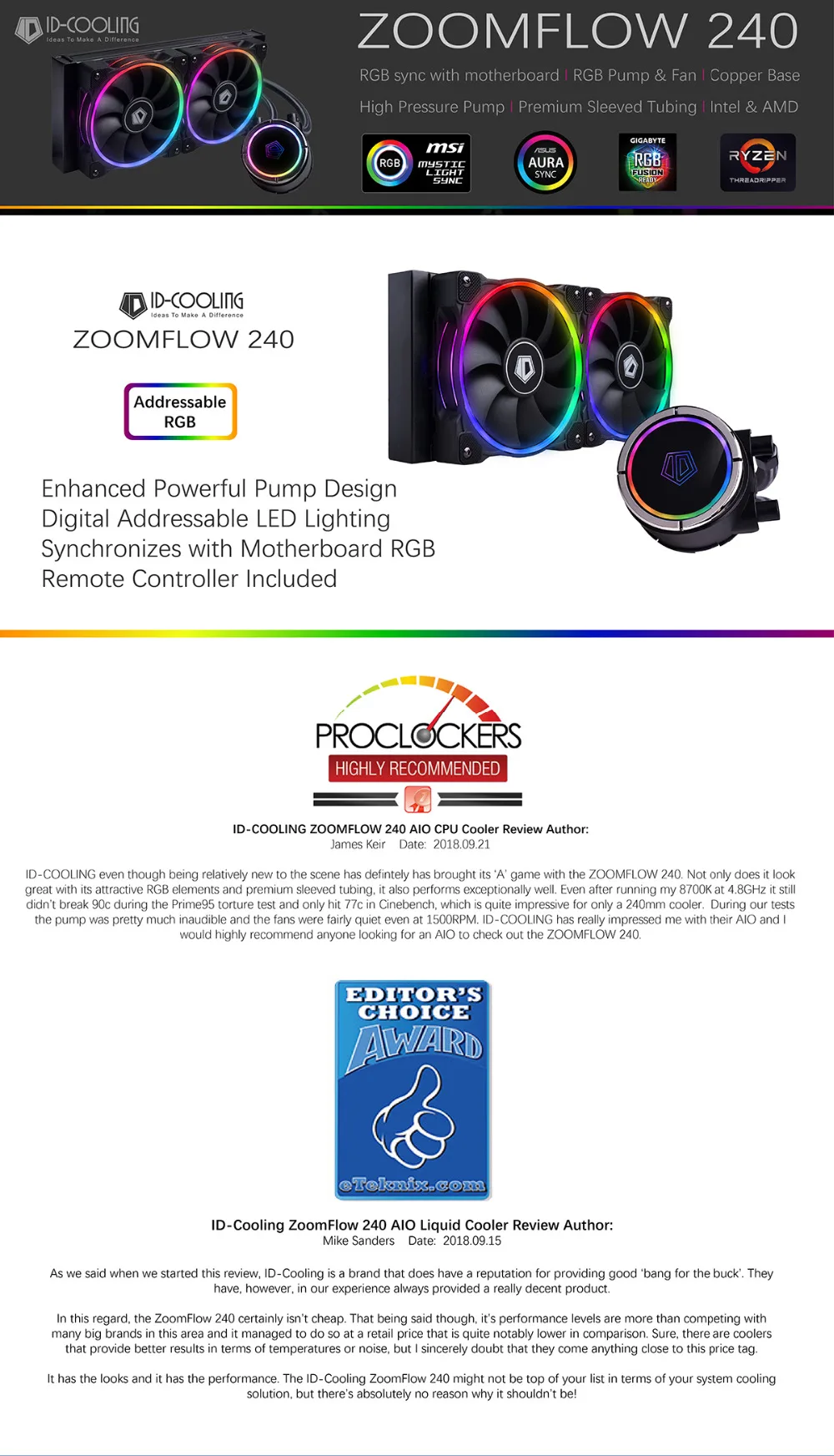 ID-COOLING ZOOMFLOW 240 адресуемый RGB AIO жидкостный охладитель, 240 мм радиатор, 400 мм рукава трубки, 2x120 мм PWM вентиляторы, TR4/AM4/LGA20