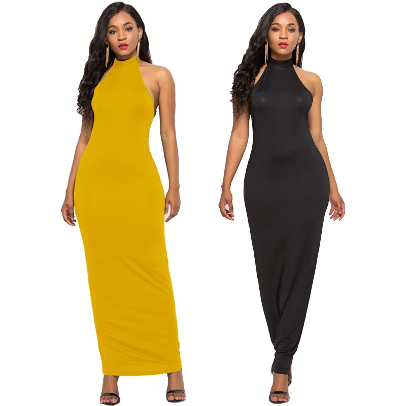 

Sexy Halter Backless Sleeveless Solid Casual Slim Long Dress 2019 Summer Women Elegant New Stretchy Zipper Maxi Dresses Vestidos