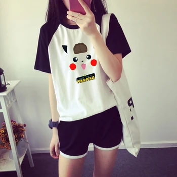 

Pokemon Detective Pikachu Two Pieces Short Sleeve T-shirt+shorts 2019 New Style Exclusive Summer T-shirt Women+shorts XS-2XL