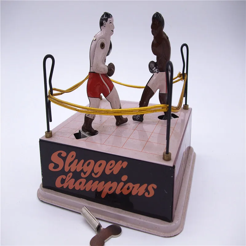 

[Temil] Adult Collection Retro Wind up toy Metal Tin arena champions boxer Boxing ring game Mechanical toy Clockwork toy figures