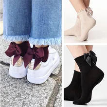 Женские хлопковые носки с большим бантом; однотонные женские шикарные короткие носки; милые короткие носки с бантом для девочек; Прямая поставка
