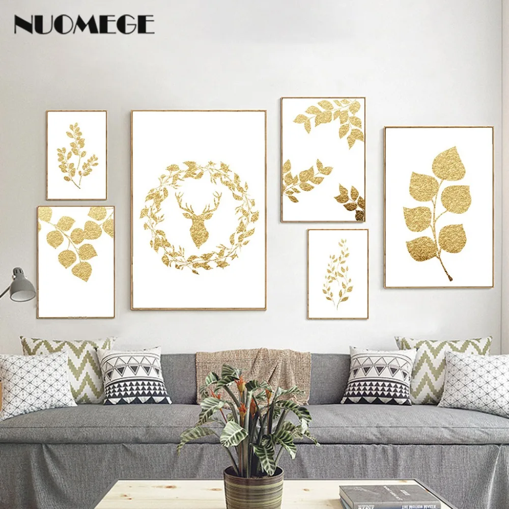 

Nordic Simple Canvas Painting Gold Leaf Plant Posters and Prints Decorative Pictures for Bedroom or Dining Room Home Decor