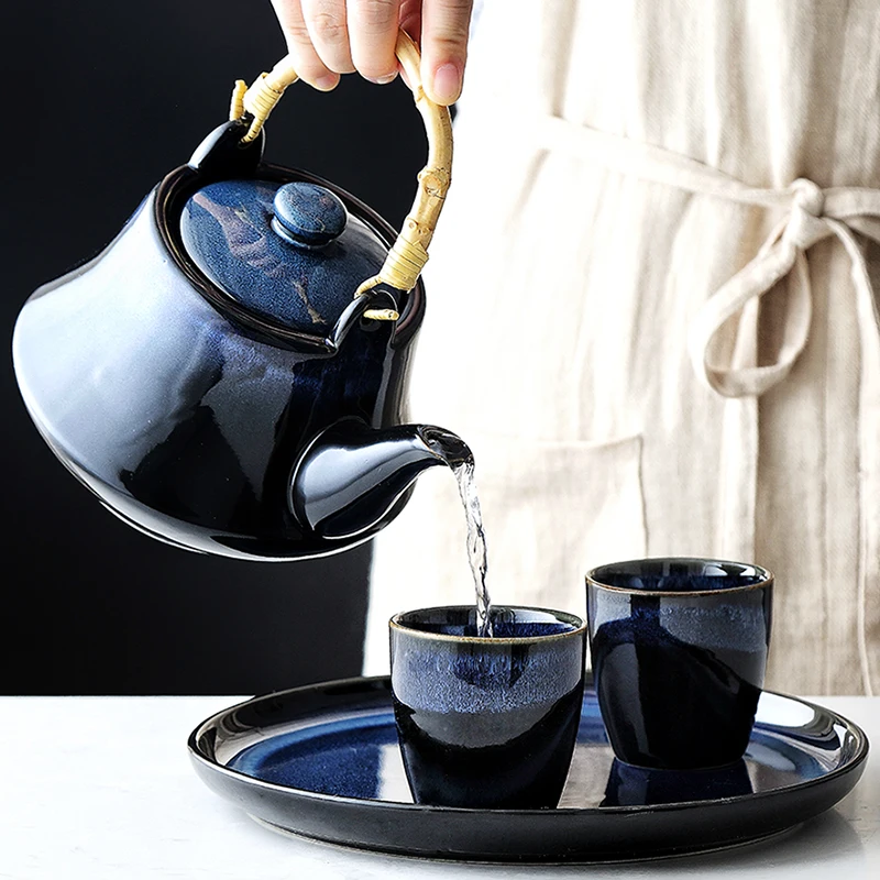 KINGLANG Japanese Kiln Glaze Blue Tea Kettle Set Family Restaurant Hotel Ceramic Tea Pot Teaware