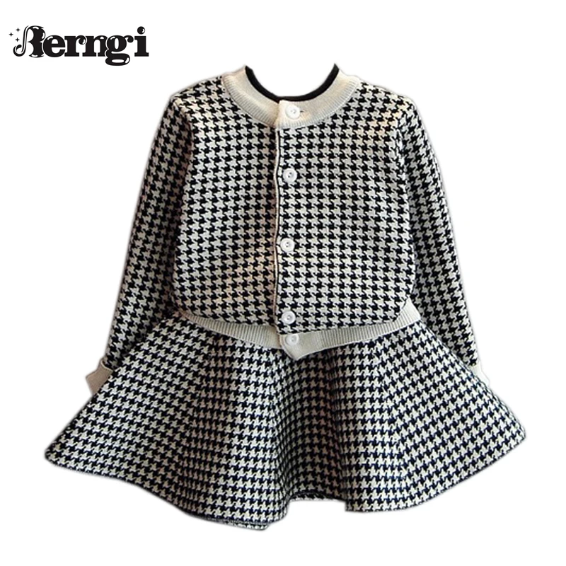 Berngi Girls Clothing Sets 2017 New Houndstooth Knitted Suits Long Sleeve Plaid Jackets Skirts 2Pcs for