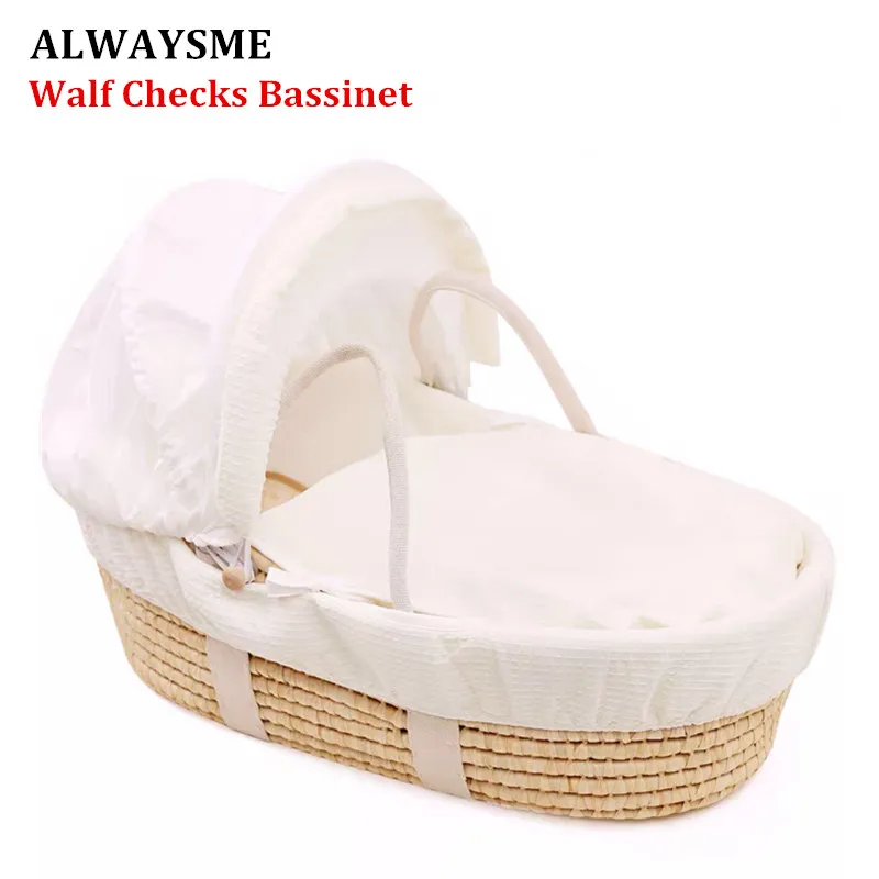 

ALWAYSME For 0-8 Month Baby Kids Full Sets Waffle Checks Color Baby Bassinet Basket Include Bassinet Quilt Mattress Mosquito Net