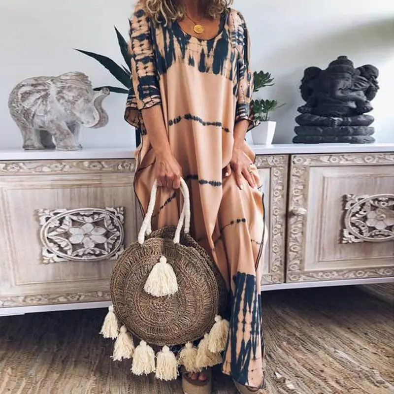 

Casual Oversize Maxi Dress Women 2019 Boho Printed Fashion Batwing Sleeve Summer Loose Holiday Travel Basic Long Dresses Female