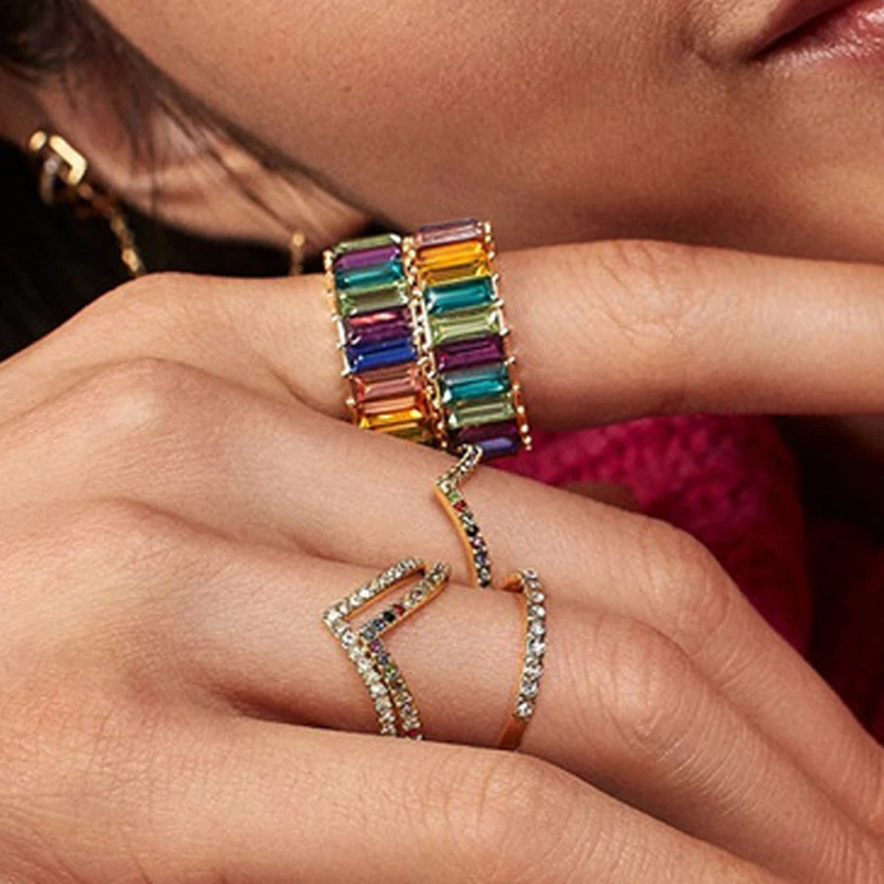 

Fashion Diamond Ring Alloy Blue Green Colorful Personalized Vintage Geometric Rings For Women Female Party Wedding Gift Jewelry