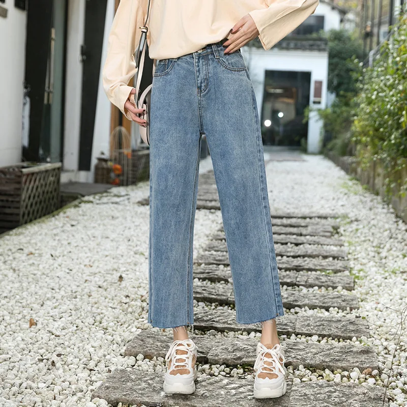 

2019 new loose straight net red high waist nine pants