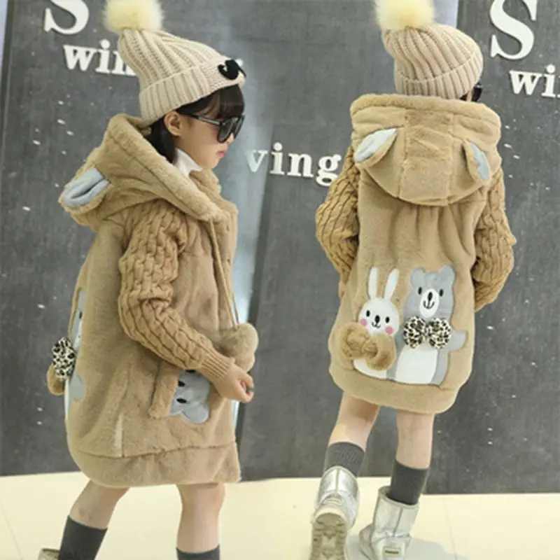 Baby Girls Coats Children's Cotton-padded Warm Winter Jackets Cartoon animal printed ear Hooded long down Sweaters Coats For Teenage 3-14Y kids clothing (1)