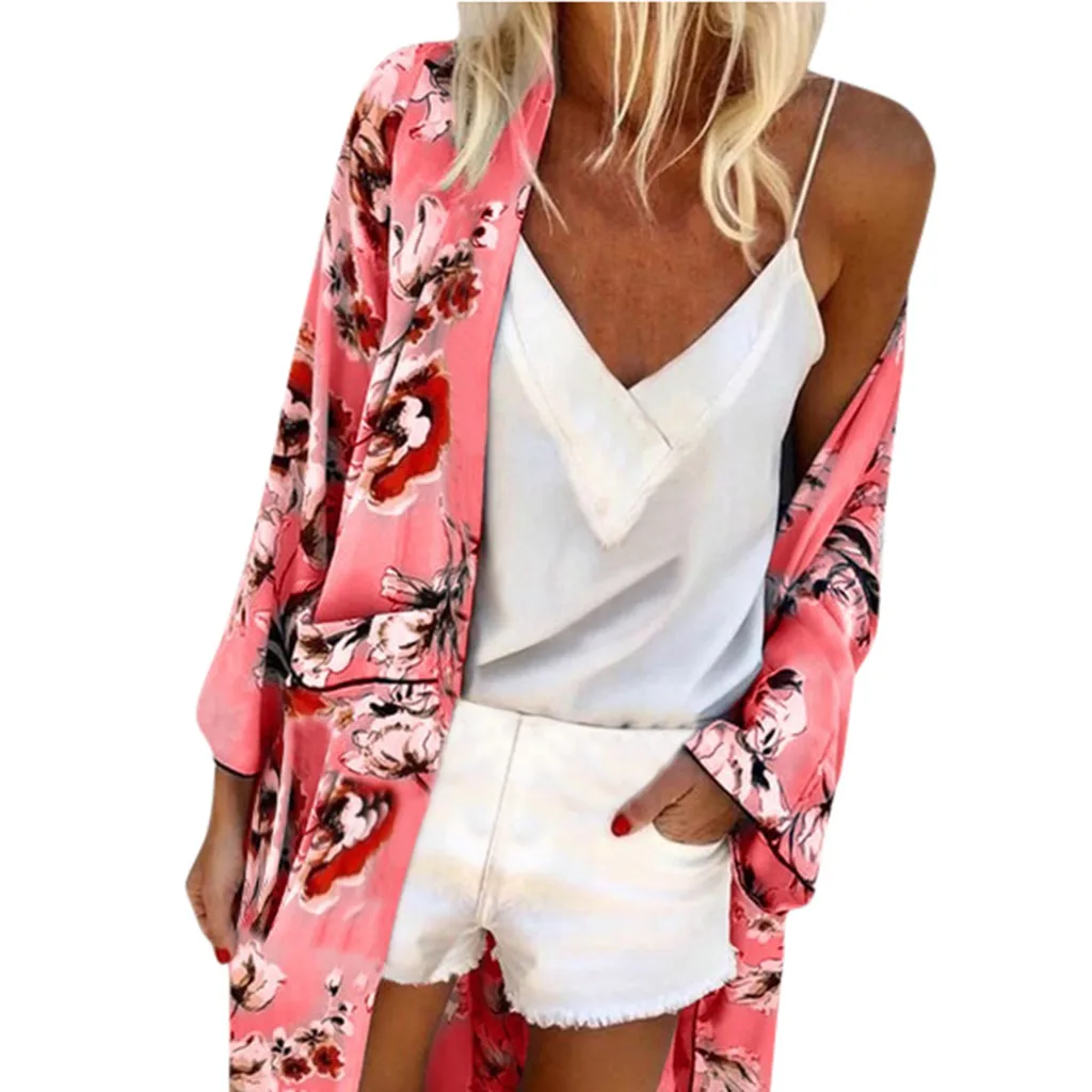 Длинное кимоно Mujer Женская блузка Мода Boho печати солнцезащитный крем Прозрачный Свободный Летний кардиган пляжная одежда blusas mujer