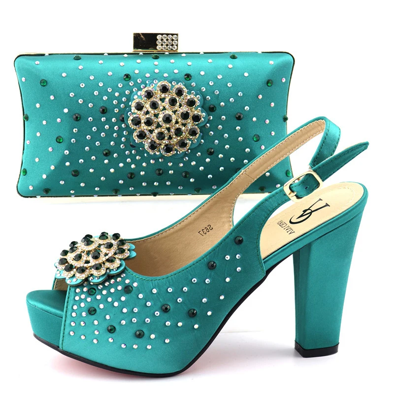 

Teal green italian shoes and bag with stones high heel 4.3 inches new arrival matching shoes and bag african shoes bag SB8328-1