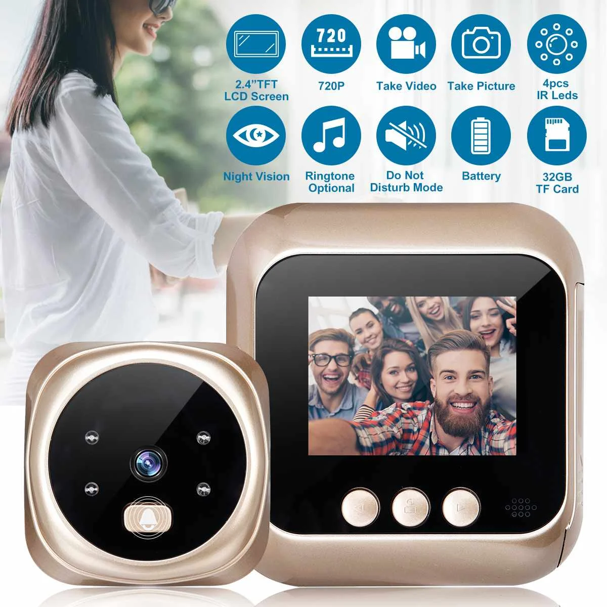 

2.4 inch LCD 135 Degree 720P HD Peephole Digital Viewer Door Eye Doorbell Camera Night Vision Photo Taking/Video Recording