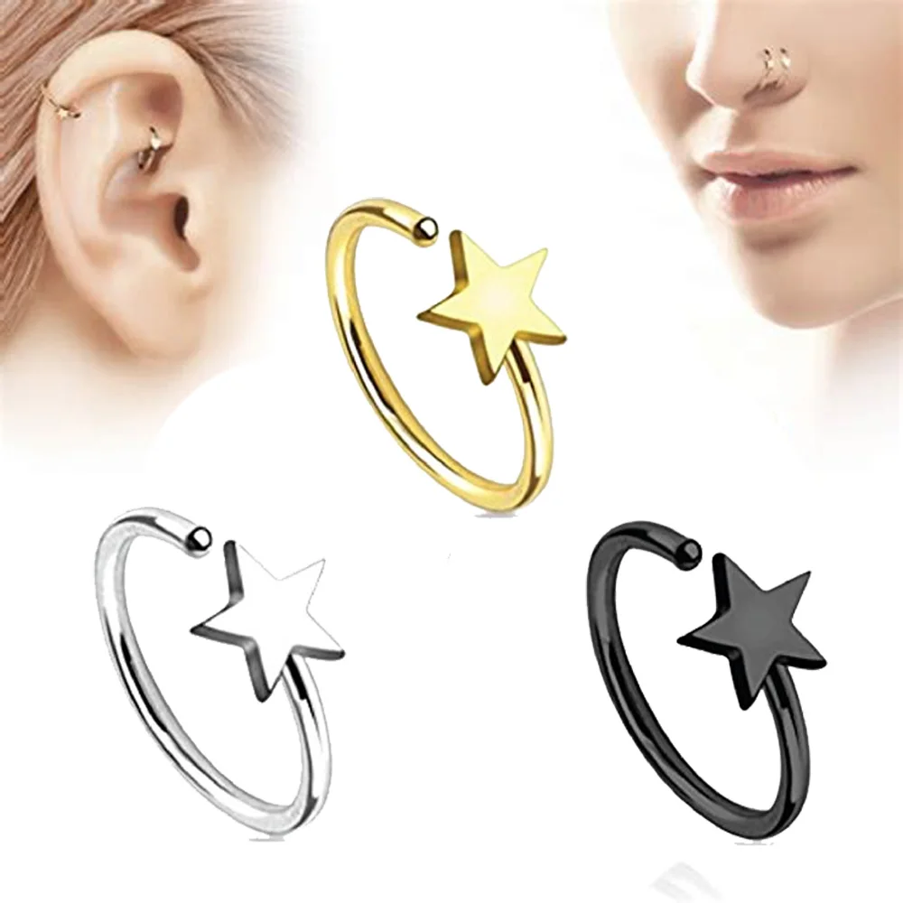 BOG-3PCS хирургическая сталь Черный& Серебряный& Золотой звезда Нос кольцо обручи уха хряща открытый обруч ювелирные изделия кольцо для пирсинга серьги для женщин