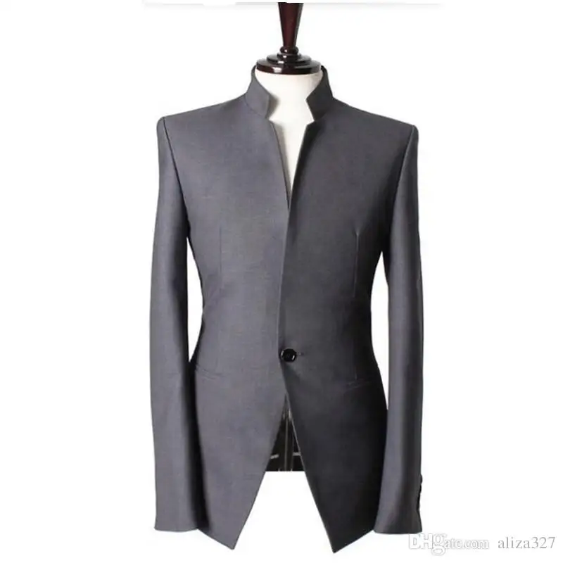 56-1  Mandarin collar Gentlemen men suits jacket Handmade Wedding groom tuxedos vest Men Custom Made Men Suit Jacket