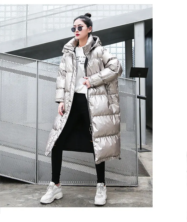 Long Silver Jackets Women Parka Winter Warm Outerwear Fashion Bright Cotton Coat Ladies Winter Loose Down Jacket Thick T399