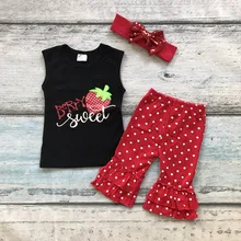 Été coton outfit bébé filles vêtements Fraise enfants doux berry vêtements capri sans manches ruches correspondant accessoires arc