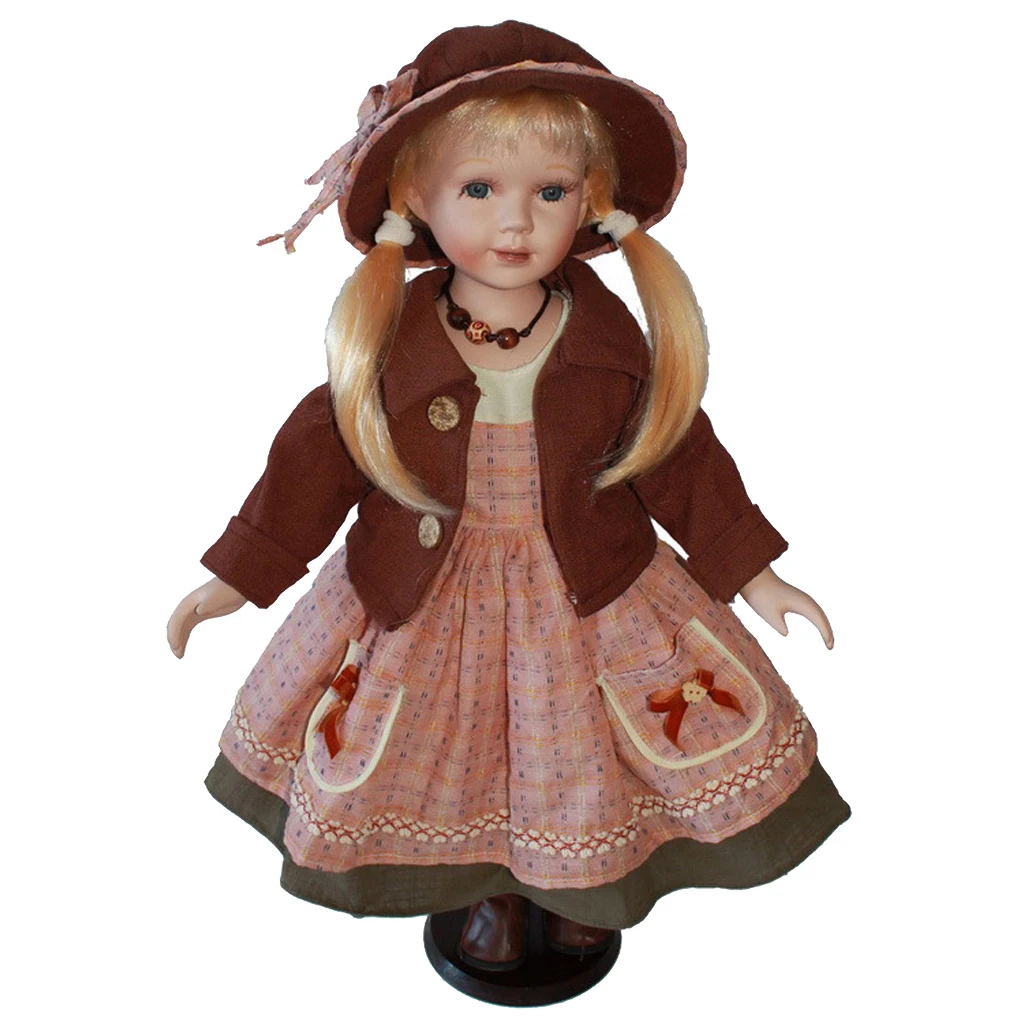 

Lovely 24inch Victorian Porcelain Doll with Stand People Figures in Brown Clothes Hat Children Gift Home Display Ornaments
