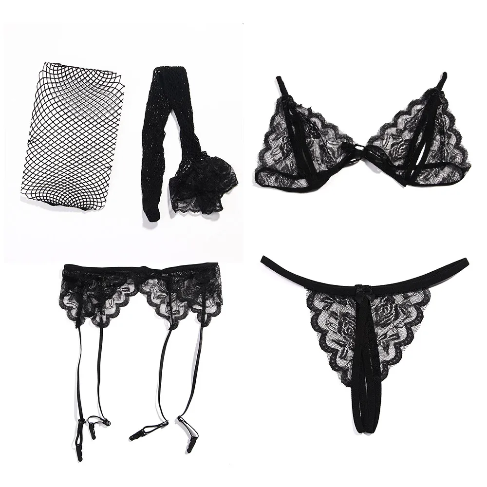 4pcs/set Sexy Exotic Underwear Lingerie Set Women Lace Bralette Bra With G-string And Garter with Stocking Charming Lingerie Set - Цвет: Black