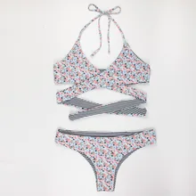 

2018 Sexy Cross Halter Bikini Striped Floral Women Swimwear Push Up Padded Swimsuit Low Waist Bikinis Set Beach Bathing Suits