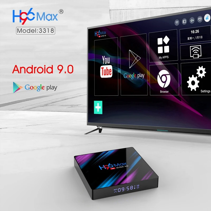 H96 Max Android Tv Box 9,0 Rockchip Rk3318 4 K Smart Tv Box 2,4G/5G Wifi Bluetooth 4,0 Iptv Android Box (Uk Plug)