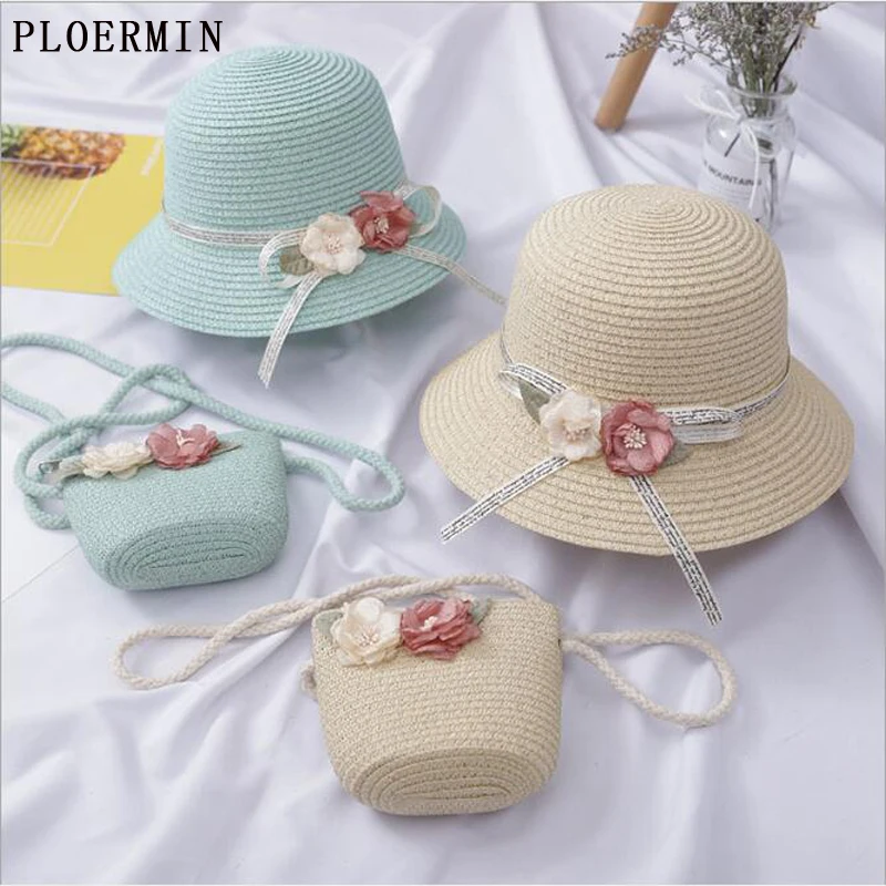 

New Fashion Flower Children Sun Hats Bags Suit Summer Beach Straw Hats For Girl Bucket Caps Foldable Sunscreen Including Bag