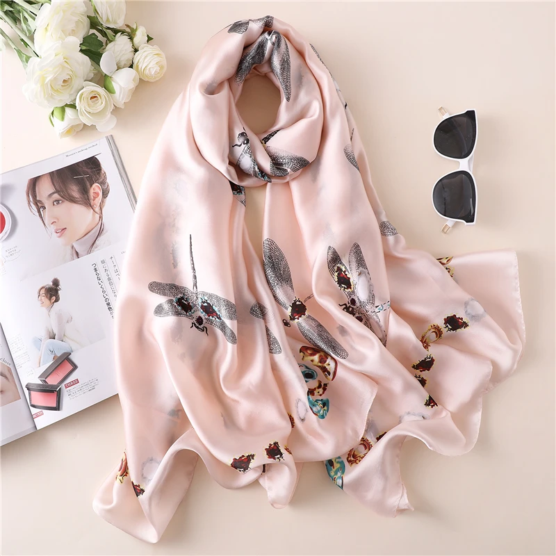

New fashion luxury silk scarf women's summer pashmina long shawls beach wraps large size scarves dragonfly design
