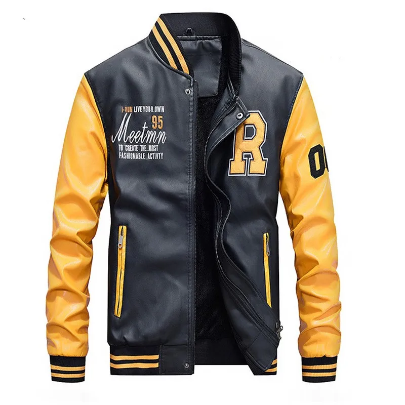 Kaufen Jacke Männer Stickerei Baseball Jacken PU Leder Mäntel Slim Fit College Luxus Fleece Motorrad Pilot Jacken Casaco Masculino
