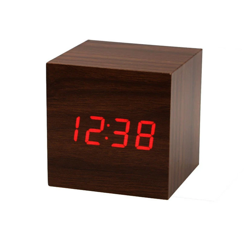 

Wall Clocks New Clock Watch Home Decoration Mini Cube Style Digital Red LED Wooden Wood Alarm Brown Clock Voice Control #4NV27