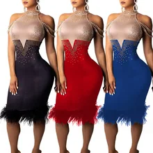 2019 summer women's Dress hot drilling sexy dress strapless Contrast color dress contrast mesh dress