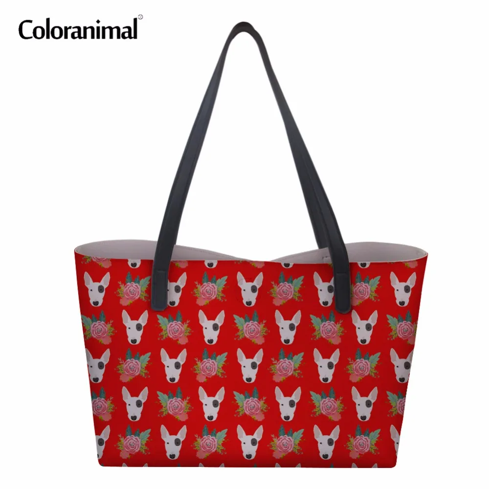 

Coloranimal Women Fashion Red Pink Casual PU Handbags Cute Animal Dog Bull Terrier Print Large Storage Bags Tote Shopping Pack