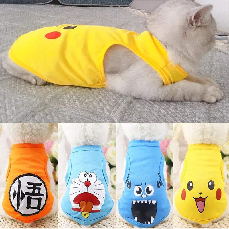 Летняя одежда с принтом кота из мультфильма хлопковая Мягкая футболка для домашних животных, одежда для маленьких рубашки для кошек, жилет, костюм для домашних животных