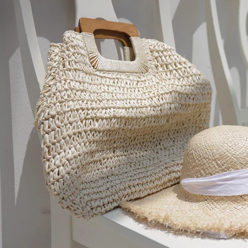 Handmade Straw Handbags Purse for Lady Summer Large Capacity Shopping Totes Women Bag Retro Beach Travel Woven Top-Handle Bags