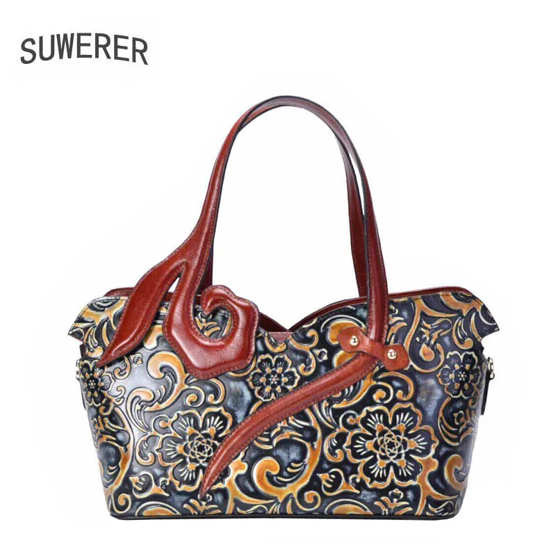 

SUWERER 2019 New Women Genuine Leather bags Handmade embossing Retro luxury leather shoulder bag designer women famous brands