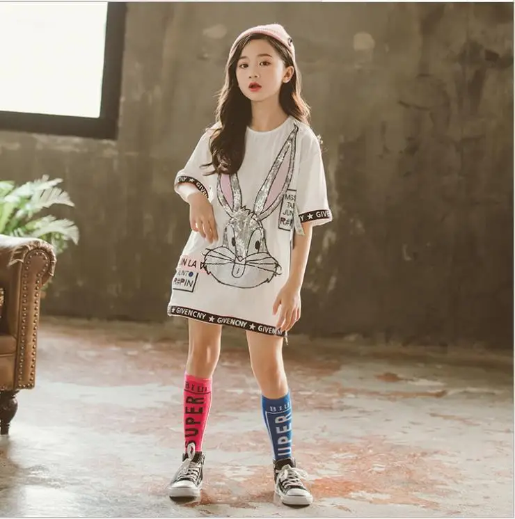 

Children's Round Neck Loose Dress in Cartoon T-shirt with Long Ears Rabbit Segments Ruched Half Crew Neck A-Line