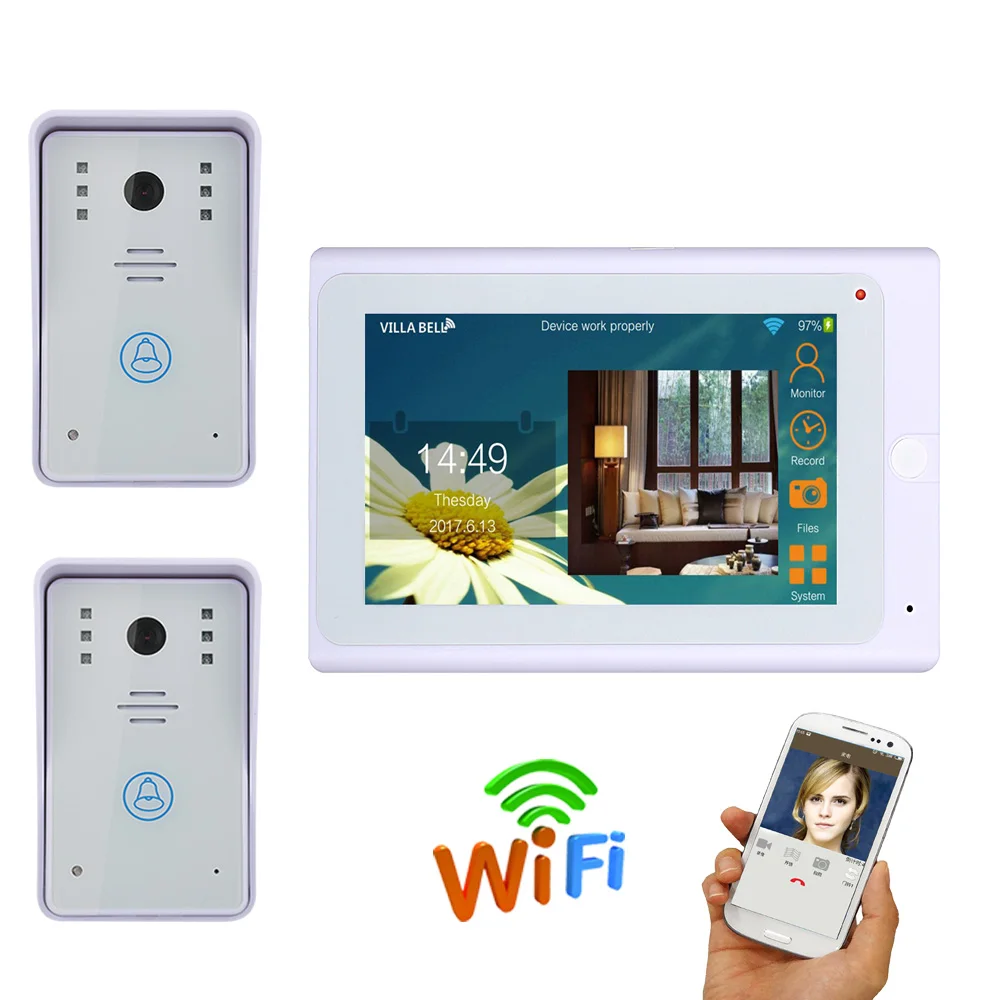 720P 2 X 1000TVL IR-CUT HD Wired Camera with 7 TFT Wireless Wifi IP Video Door Phone Doorbell Intercom System