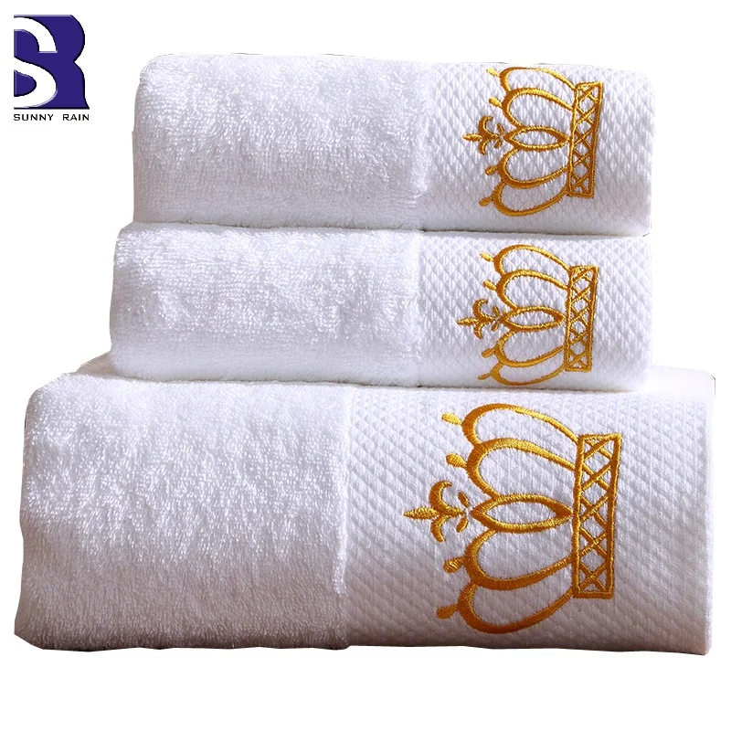 

3-Pieces Embroidered Crown White Hotel Towels 600g Cotton Towel Set Face Towels Bath Towel For Adults Washcloths High Absorbent