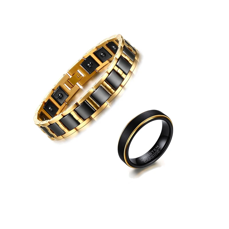 

Mprainbow Men Jewelry Set Stainless Steel Black Magnetic Bracelets for Mens Tungsten Carbide Rings Gentleman Fashion Jewelry New