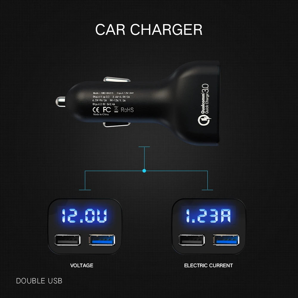 Автомобильное зарядное устройство QC QC3.0 с 2 портами быстрое двумя USB 3 0 для iPhone Xs X