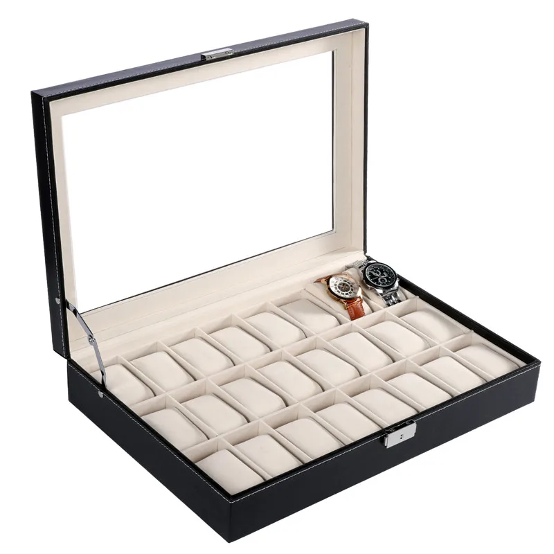 FANALA 24 Grid/20 Grid/10 Grid Watch Winder PU Leather Watch Box Display Boite Montre With Glass Top Window Caja Reloj Box Watch