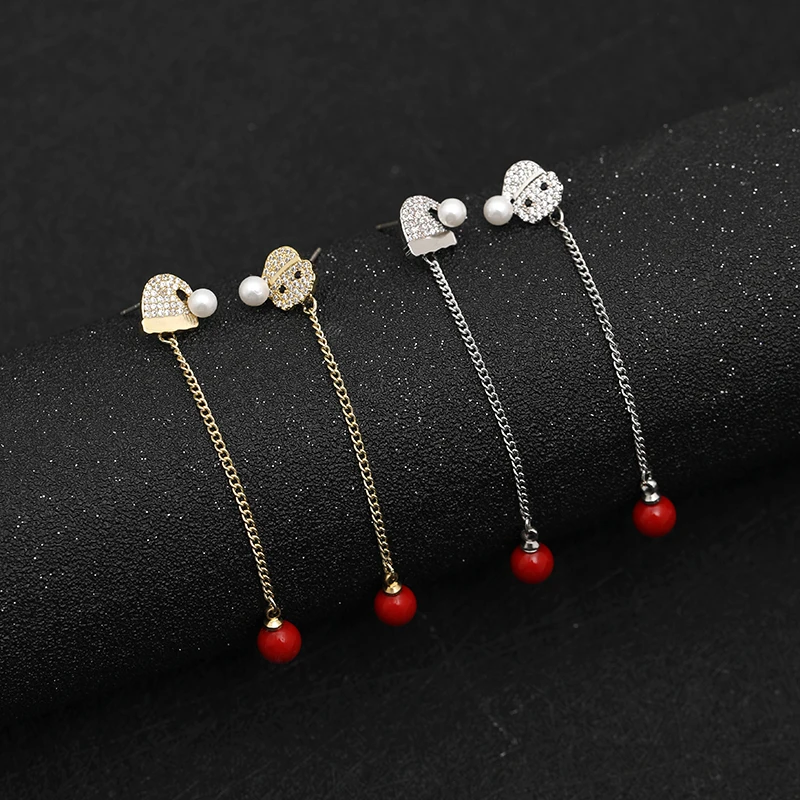 

Zhijia new luxury gold silver women's crystal rhinestone Old man& hat pearl red bead stud earrings Christmas gifts