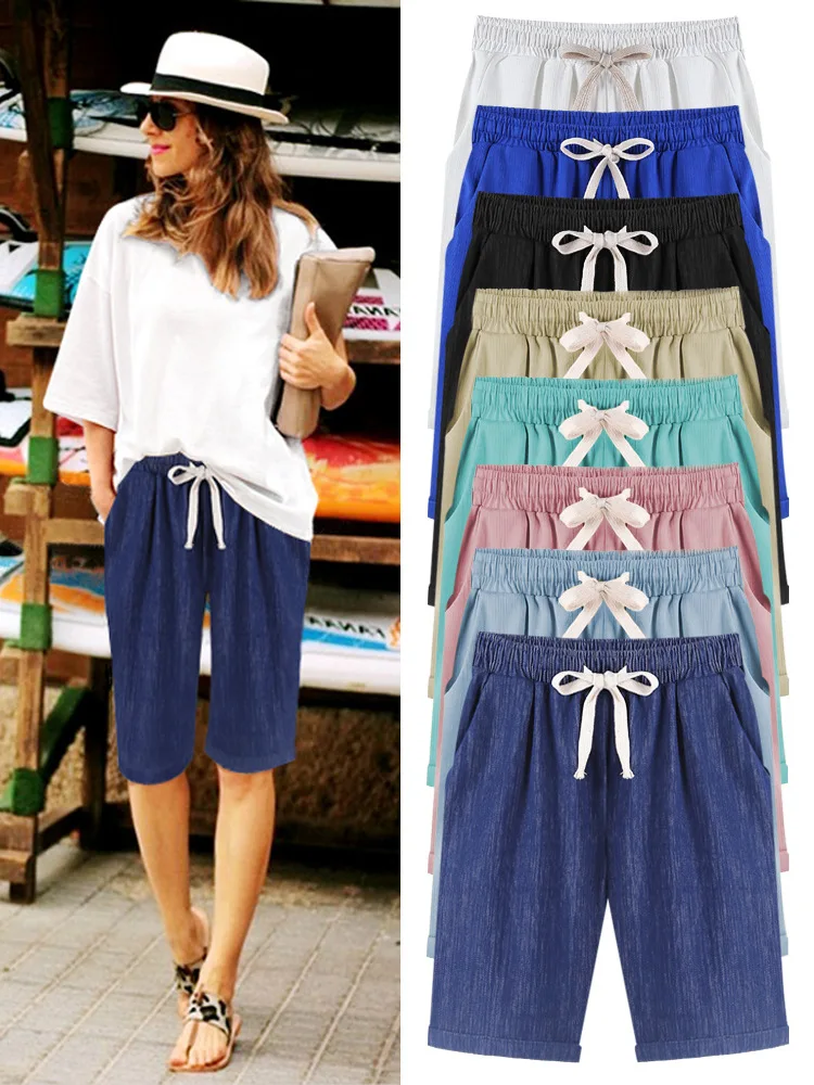 

Summer large size women pants Loose Cotton Solid Color casual short Pants Female plus size 7xl 8xl pants 2019 New