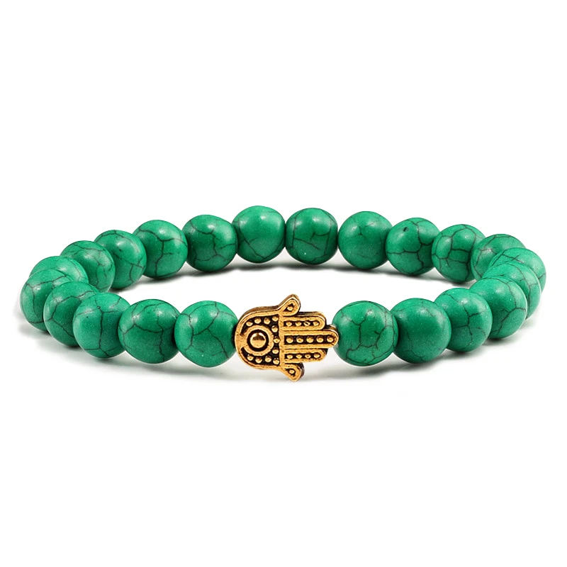 Hot Sale Alloy Hand Black Lava Beads Bracelet Natural Stone Volcanic Prayer Charm Bracelets Women Men Jewelry Femme Homme Gifts - Окраска металла: Green Gold