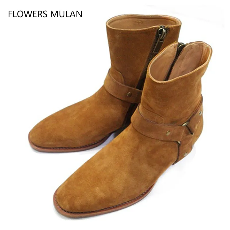 

Follwwith Brand Fashion Tan Suede Leather Chains Harness Men Motorcycle Boots Stacked Heel Anke Boots Side Zip Men Chelsea Boots