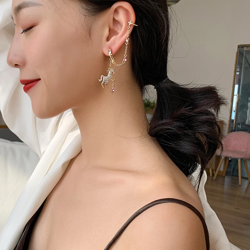 

HZ 2019 New Korean Fashion Unicorn Ear bone Clip Dual-use Long Tassel Crystal Rhinestone Drop Earrings for Women Girls Party