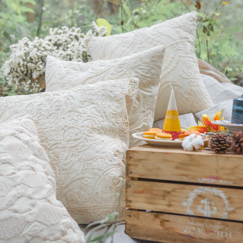 50x50 см пасторальный Хлопок Веревка Вышитый цветочный бежевый чехол для поясничной подушки наволочка диван наволочка с вышивкой для спинки