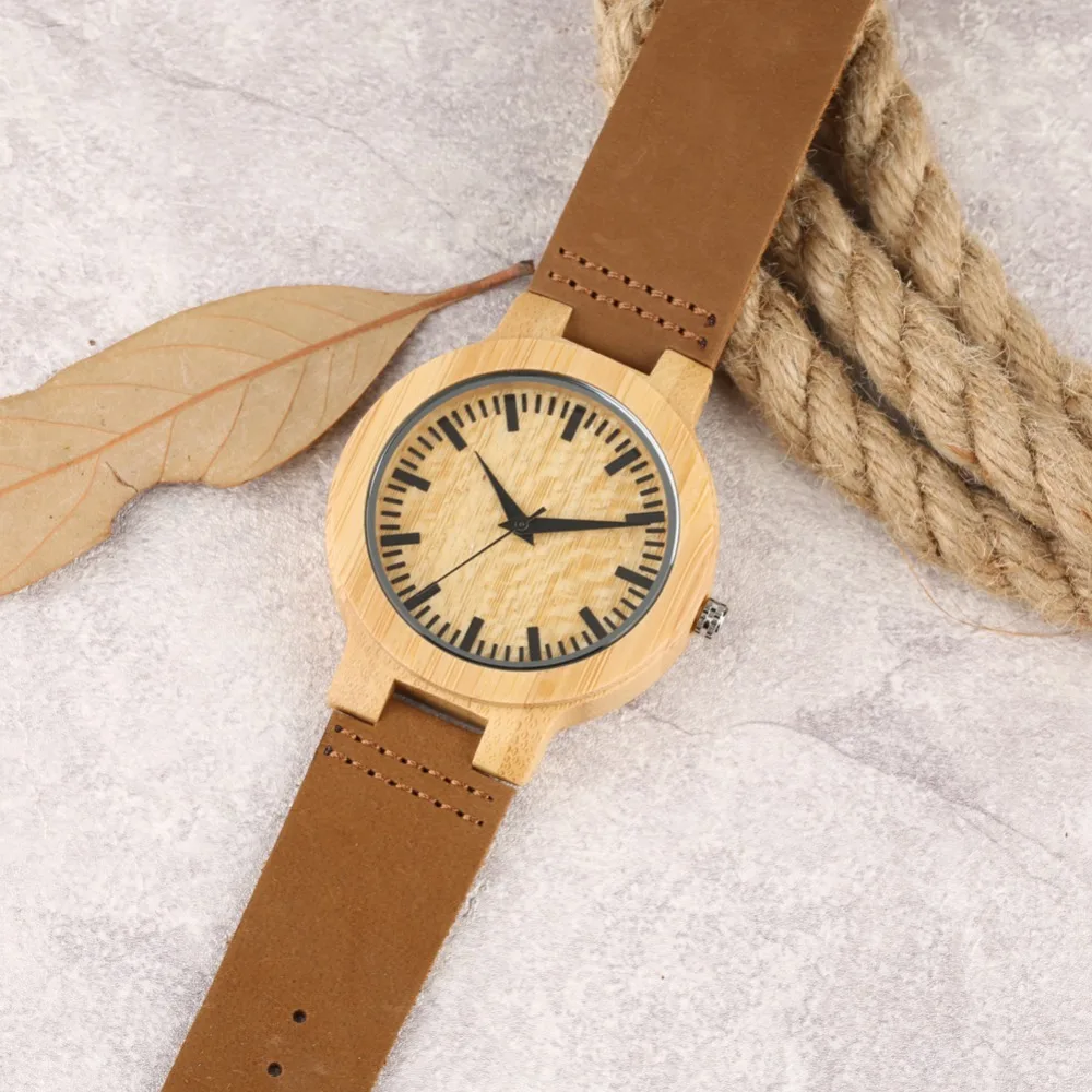 2019 Unique Wooden Fashion Watch Men Leather Band Lightweigt Handmade Men Wristwatch Quartz Movement Bamboo Wood Case Men Watch