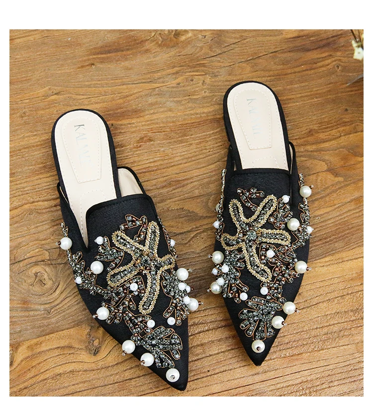 

Spring silk velvet Slippers women string bead Embroidery flower Pearl Slippers flat lazy loafers Pointed Toe flip flops mules