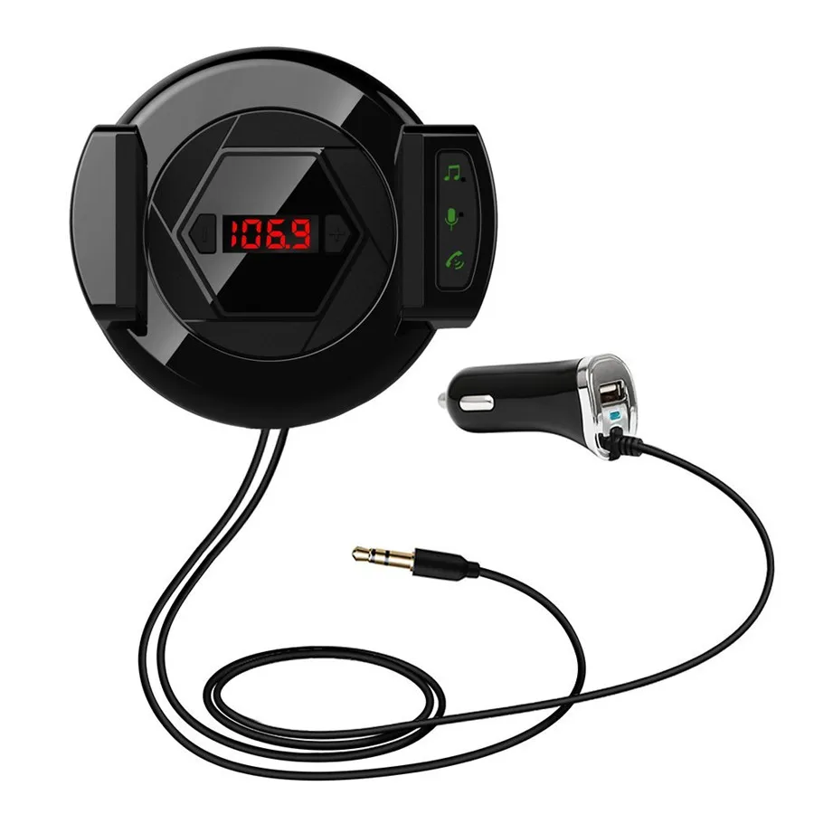 

3 in 1 Car Phone Holder Bluetooth FM Transmitter Modulator Hands-Free Calling Input Jack and 2.1A USB Port Car Charger