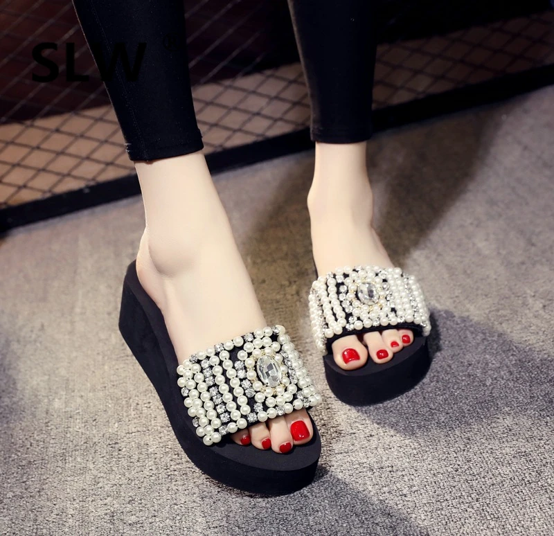 

Ladies Flip Flops Slides Slippers Platform String Bead On A Wedge Women Heels Women's Shoes 2019 Flip-flops Sliders High New